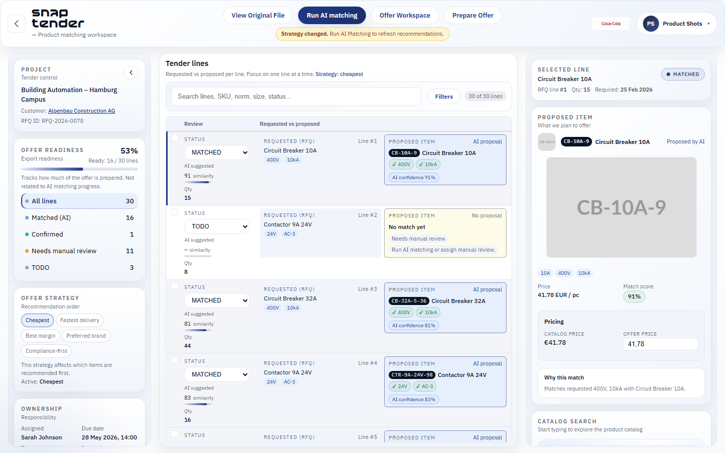 Tender detail workspace with matching results